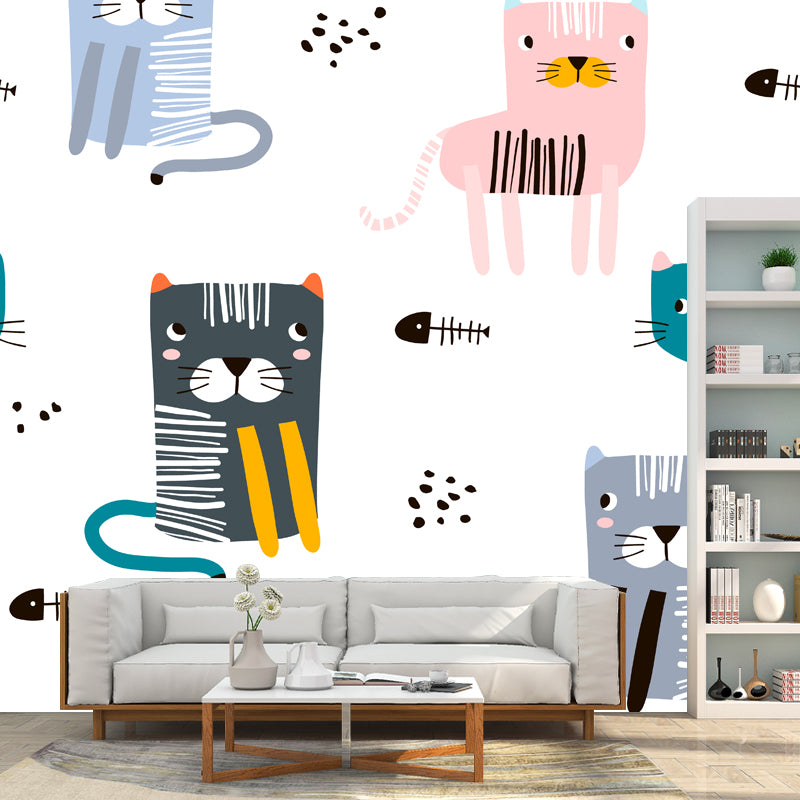 Cat with Fish Bone Mural Childrens Art Washable Bedroom Wall Decoration, Custom Made White Clearhalo 'Wall Decor' 'Wall Mural' 1501406