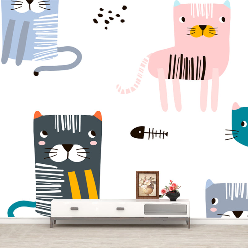 Cat with Fish Bone Mural Childrens Art Washable Bedroom Wall Decoration, Custom Made Clearhalo 'Wall Decor' 'Wall Mural' 1501407