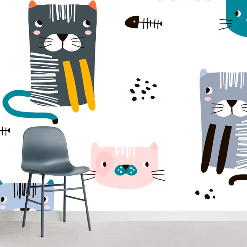 Cat with Fish Bone Mural Childrens Art Washable Bedroom Wall Decoration, Custom Made Clearhalo 'Wall Decor' 'Wall Mural' 1501408