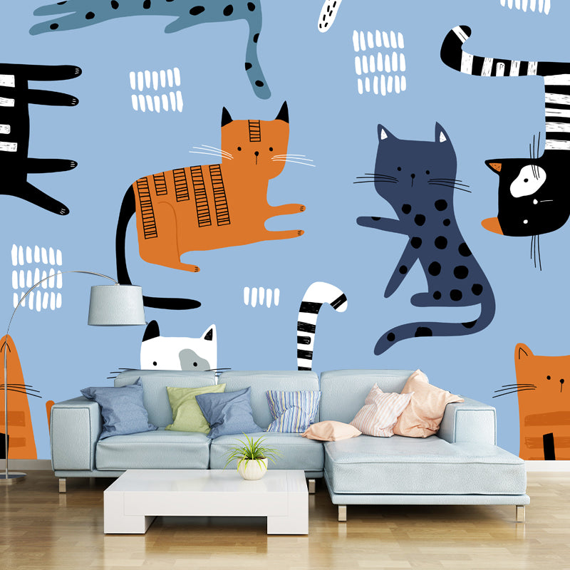 Large Cat Wall Covering Mural Blue Non-Woven Fabric Wall Art, Stain-Proof, Optional Size Blue Clearhalo 'Wall Decor' 'Wall Mural' 1501411