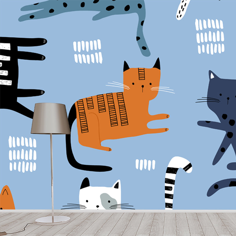 Large Cat Wall Covering Mural Blue Non-Woven Fabric Wall Art, Stain-Proof, Optional Size Clearhalo 'Wall Decor' 'Wall Mural' 1501412