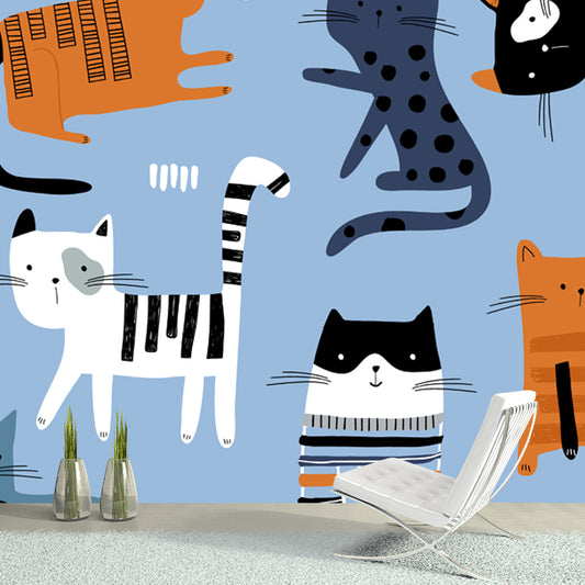 Large Cat Wall Covering Mural Blue Non-Woven Fabric Wall Art, Stain-Proof, Optional Size Clearhalo 'Wall Decor' 'Wall Mural' 1501413