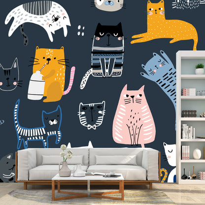 Kawaii Cats Wallpaper Mural for Child Room, Pink-Yellow-Blue, Custom Size Available Blue Clearhalo 'Wall Decor' 'Wall Mural' 1501416