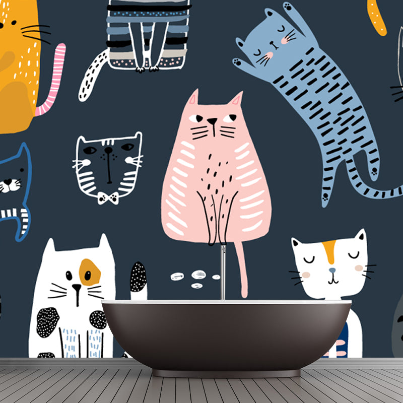 Kawaii Cats Wallpaper Mural for Child Room, Pink-Yellow-Blue, Custom Size Available Clearhalo 'Wall Decor' 'Wall Mural' 1501417