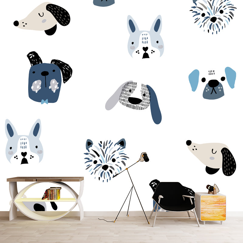 Cartoon Dog Head Wall Mural in Blue on White Waterproofing Wall Decor for Nursery White Clearhalo 'Wall Decor' 'Wall Mural' 1501421