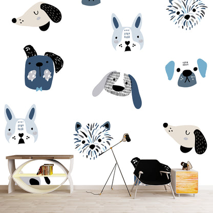 Cartoon Dog Head Wall Mural in Blue on White Waterproofing Wall Decor for Nursery White Clearhalo 'Wall Decor' 'Wall Mural' 1501421