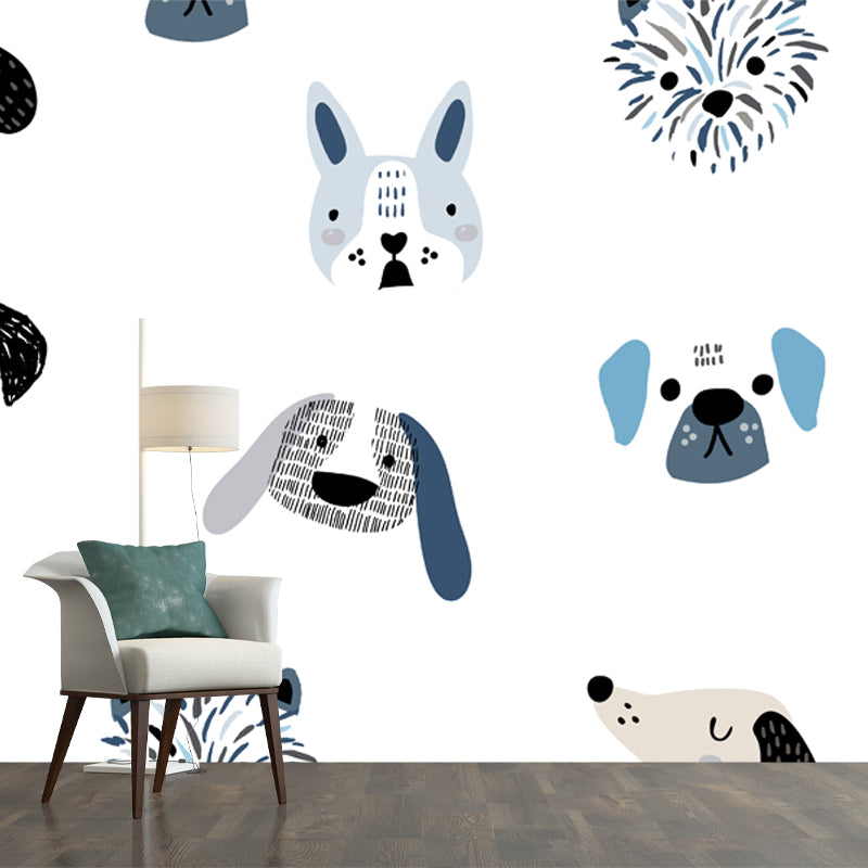 Cartoon Dog Head Wall Mural in Blue on White Waterproofing Wall Decor for Nursery Clearhalo 'Wall Decor' 'Wall Mural' 1501422