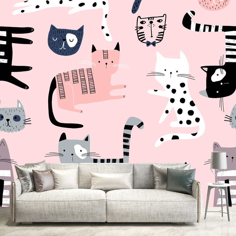 Childrens Art Pet Cat Mural Decal Pink Moisture Resistant Wall Covering for Baby Room Pink Clearhalo 'Wall Decor' 'Wall Mural' 1501426