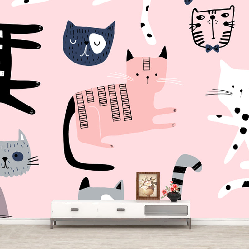 Childrens Art Pet Cat Mural Decal Pink Moisture Resistant Wall Covering for Baby Room Clearhalo 'Wall Decor' 'Wall Mural' 1501428