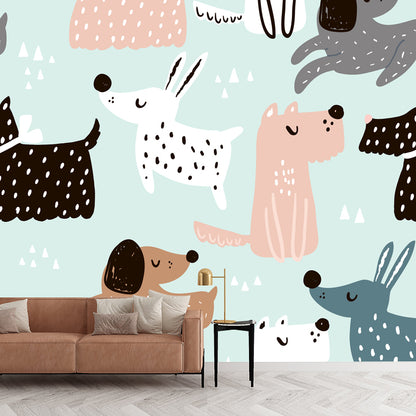 Illustration Puppy Mural Wallpaper for Childrens Bedroom, Light Green, Made to Measure Light Green Clearhalo 'Wall Decor' 'Wall Mural' 1501431