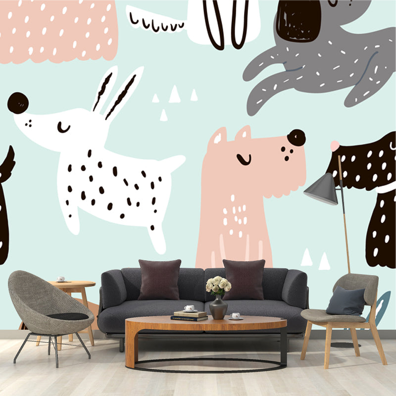 Illustration Puppy Mural Wallpaper for Childrens Bedroom, Light Green, Made to Measure Clearhalo 'Wall Decor' 'Wall Mural' 1501432