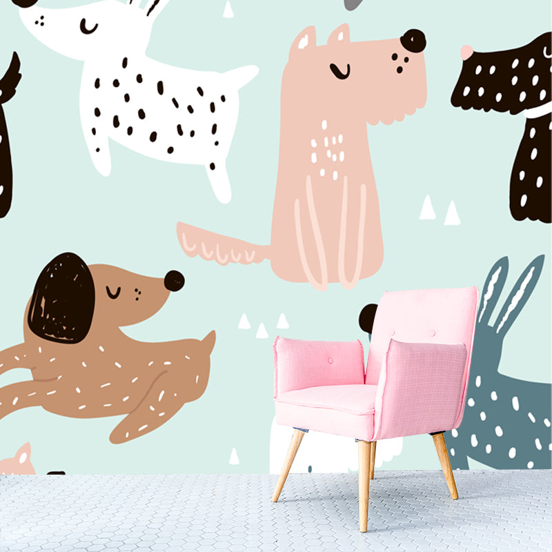 Illustration Puppy Mural Wallpaper for Childrens Bedroom, Light Green, Made to Measure Clearhalo 'Wall Decor' 'Wall Mural' 1501433