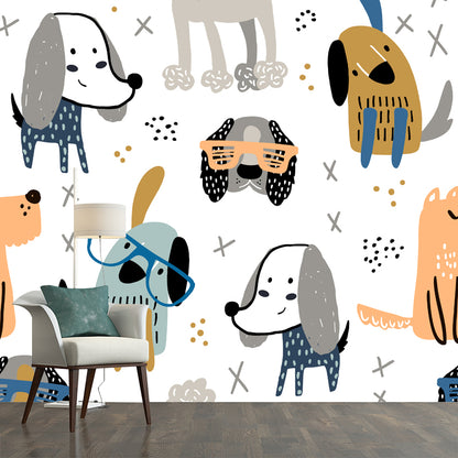 Dog with Music Note Mural White-Grey Wall Decoration for Kindergarten, Custom Size White Clearhalo 'Wall Decor' 'Wall Mural' 1501441