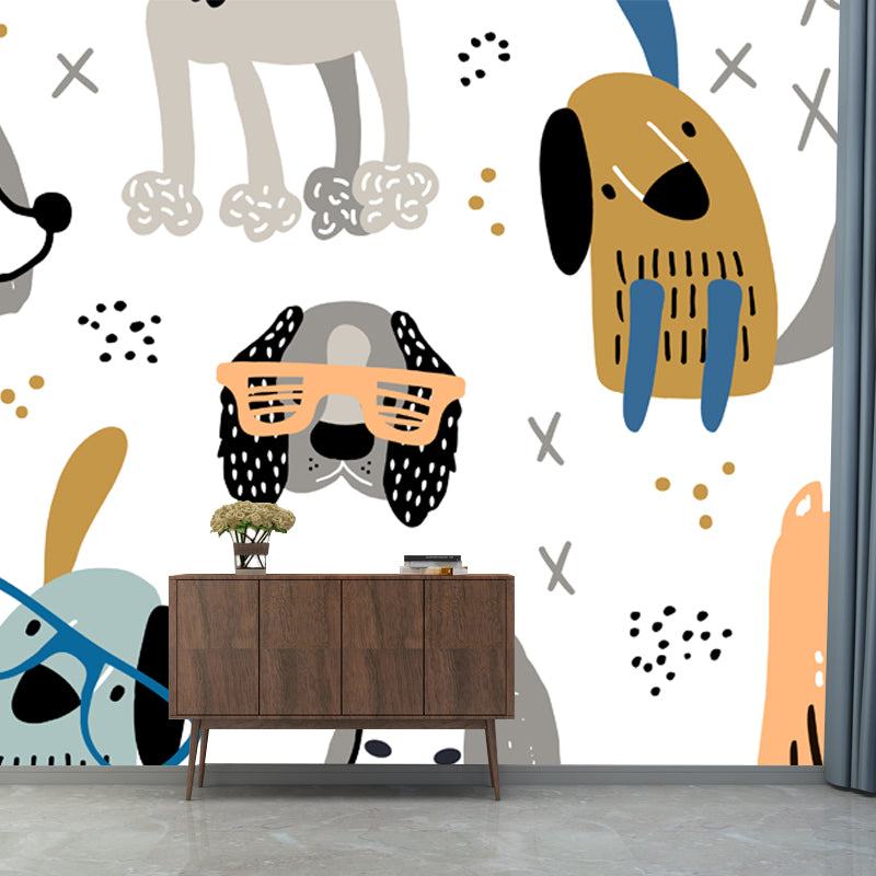 Dog with Music Note Mural White-Grey Wall Decoration for Kindergarten, Custom Size Clearhalo 'Wall Decor' 'Wall Mural' 1501442