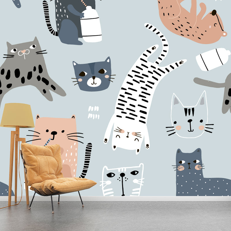 Illustration Kitten Wall Paper Mural Large Wall Covering for Kids Room, Personalized Size Blue Clearhalo 'Wall Decor' 'Wall Mural' 1501446