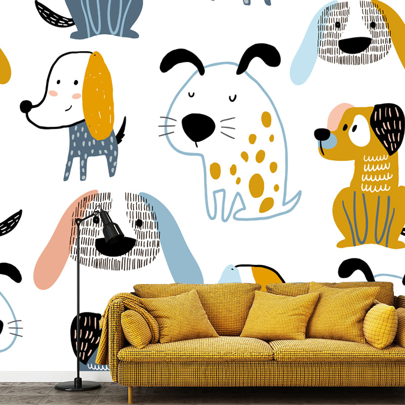Blue-Orange Dog Wall Mural on White Waterproofing Cartoon Kids Bedroom Wall Decor White Clearhalo 'Wall Decor' 'Wall Mural' 1501451