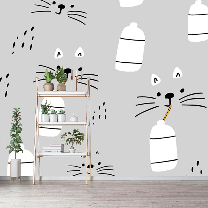 Cartoon Cat Drinking Milk Mural Decal Grey Water Resistant Wall Decor for Baby Room Clearhalo 'Wall Decor' 'Wall Mural' 1501467