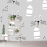 Cartoon Cat Drinking Milk Mural Decal Grey Water Resistant Wall Decor for Baby Room Clearhalo 'Wall Decor' 'Wall Mural' 1501467