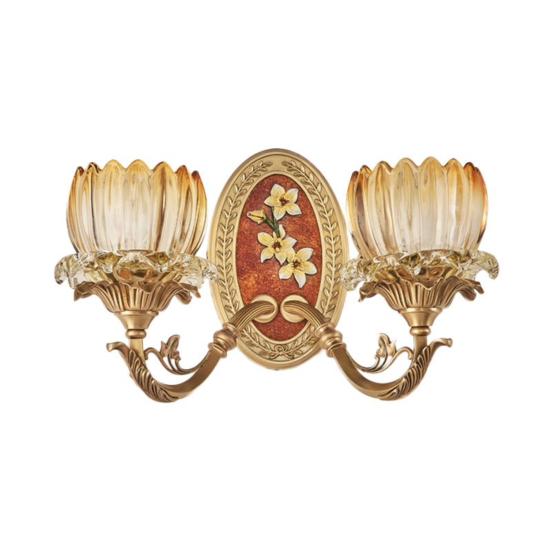 Clear Ribbed Glass Lotus Wall Light Kit Antique 1/2-Light Living Room Sconce in Gold Clearhalo 'Wall Lamps & Sconces' 'Wall Lights' Lighting' 1501481