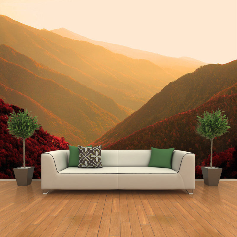 Rose Red Modern Mural Wallpaper Full Size Sunrise Mountain Scenery Wall Covering for Home Clearhalo 'Wall Decor' 'Wall Mural' 1501566