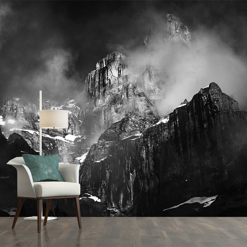 Misty Snow Mountain Wall Mural for Living Room Scenery Wall Art, Custom Size Available Black-White Clearhalo 'Wall Decor' 'Wall Mural' 1501569