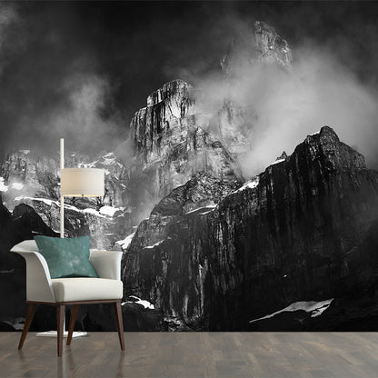 Misty Snow Mountain Wall Mural for Living Room Scenery Wall Art, Custom Size Available Black-White Clearhalo 'Wall Decor' 'Wall Mural' 1501569