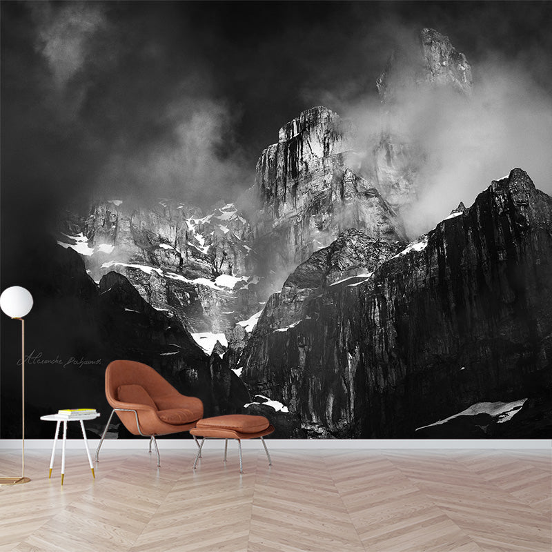 Misty Snow Mountain Wall Mural for Living Room Scenery Wall Art, Custom Size Available Clearhalo 'Wall Decor' 'Wall Mural' 1501571