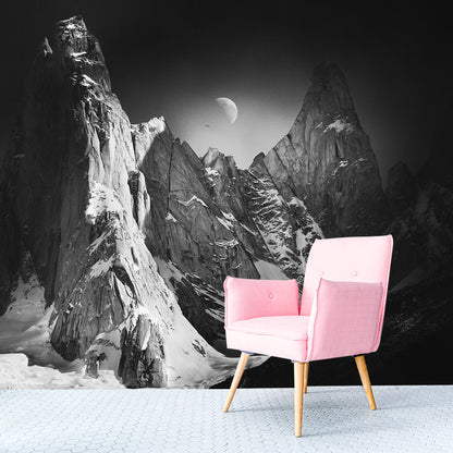 Moon Above Snow Mountain Mural Black-Grey-White Contemporary Wall Art for Living Room Black Gray-White Clearhalo 'Wall Decor' 'Wall Mural' 1501584