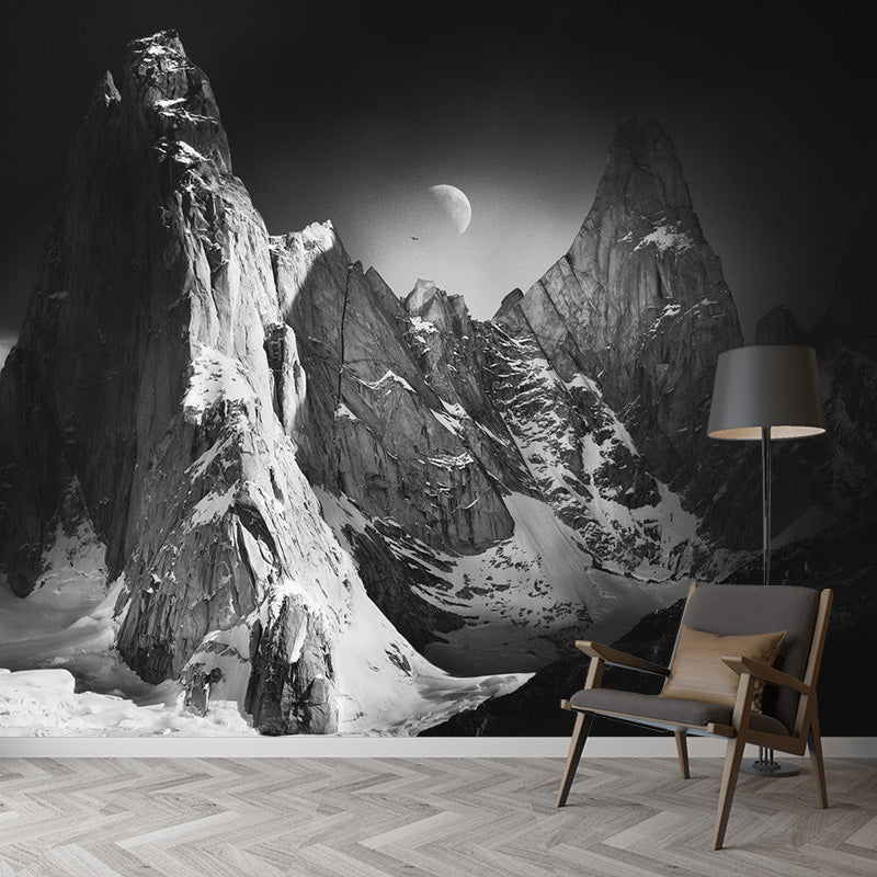 Moon Above Snow Mountain Mural Black-Grey-White Contemporary Wall Art for Living Room Clearhalo 'Wall Decor' 'Wall Mural' 1501585