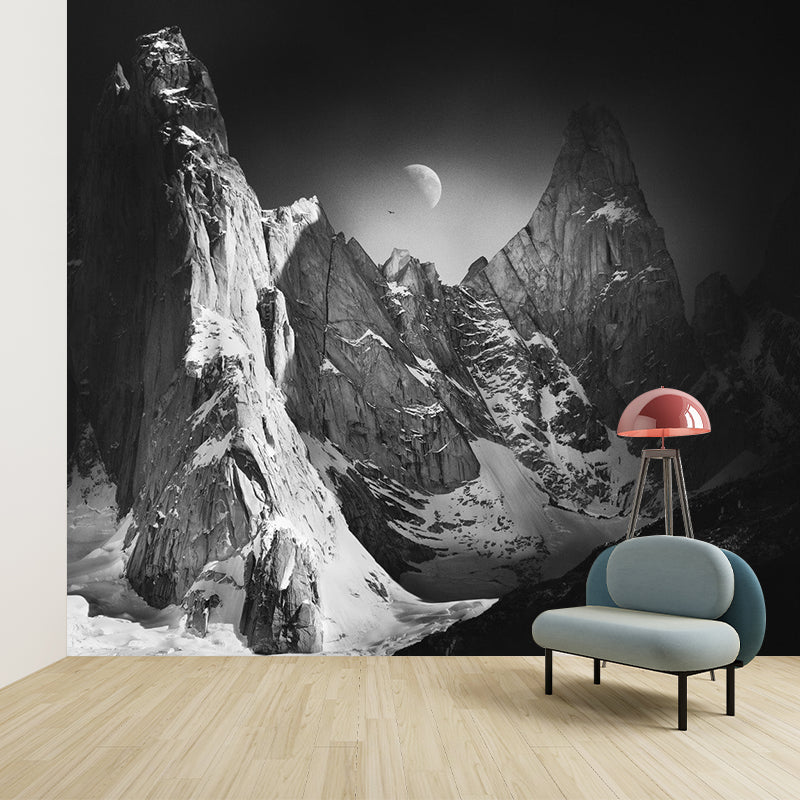 Moon Above Snow Mountain Mural Black-Grey-White Contemporary Wall Art for Living Room Clearhalo 'Wall Decor' 'Wall Mural' 1501586