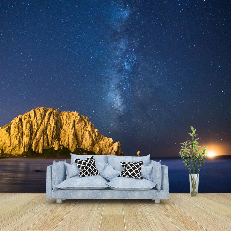 Full Size Landscape Wallpaper Mural for Home Lifeless-Mountain under Starry Sky Wall Decor in Blue-Brown, Waterproof Blue-Brown Clearhalo 'Wall Decor' 'Wall Mural' 1501604
