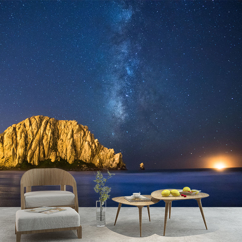 Full Size Landscape Wallpaper Mural for Home Lifeless-Mountain under Starry Sky Wall Decor in Blue-Brown, Waterproof Clearhalo 'Wall Decor' 'Wall Mural' 1501605