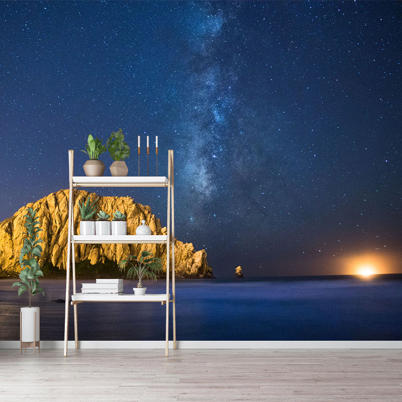 Full Size Landscape Wallpaper Mural for Home Lifeless-Mountain under Starry Sky Wall Decor in Blue-Brown, Waterproof Clearhalo 'Wall Decor' 'Wall Mural' 1501606