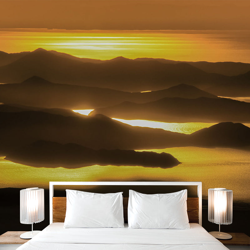 Non-Woven Washable Mural Modern River Mountain in the Evening Glow Wall Covering Yellow-Brown Clearhalo 'Wall Decor' 'Wall Mural' 1501624
