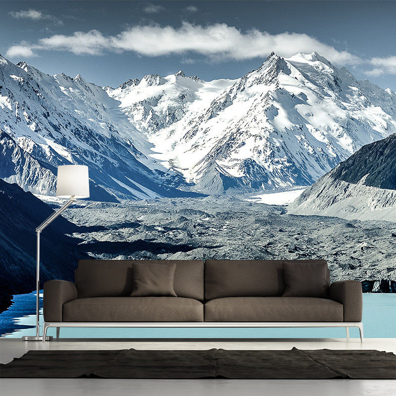 Modern Snow Mountain Scenery Mural Non-Woven Waterproof Grey-White Wall Art for Home Clearhalo 'Wall Decor' 'Wall Mural' 1501631