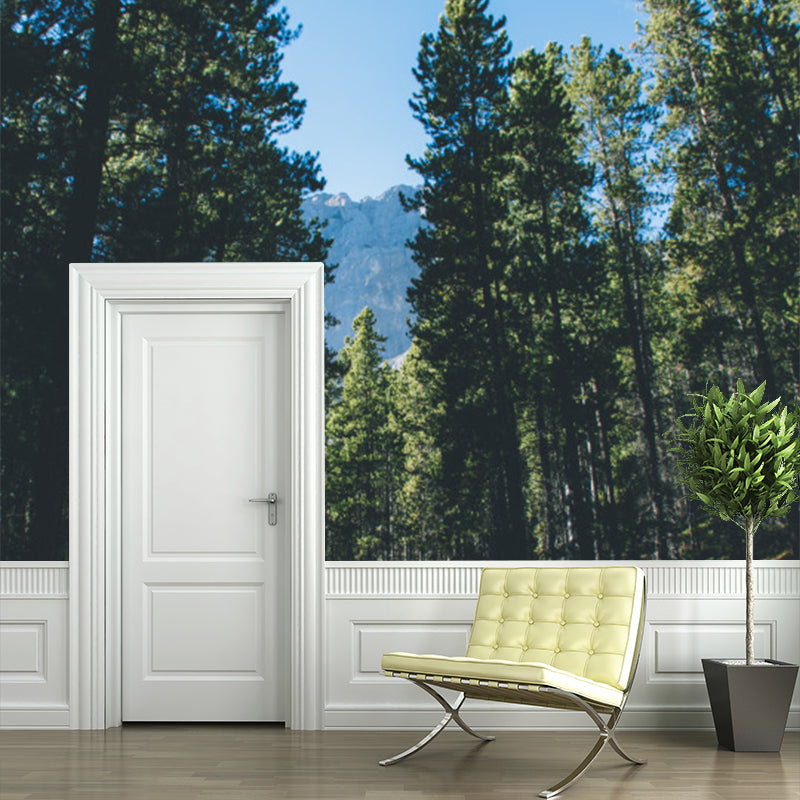 Green Roadside Pine Trees Mural Wallpaper Stain Resistant Wall Covering for Bedroom Green Clearhalo 'Wall Decor' 'Wall Mural' 1501639