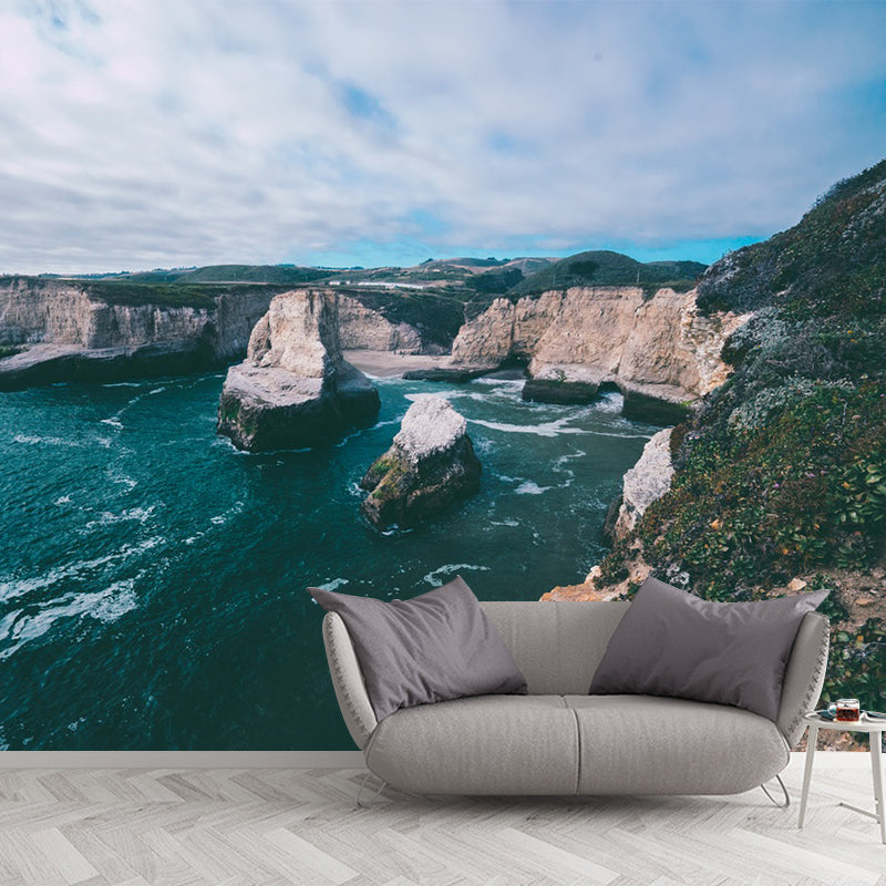 Mountain by the Riverside Mural Blue-Brown Modern Style Wall Covering for Living Room Blue-Brown Clearhalo 'Wall Decor' 'Wall Mural' 1501654