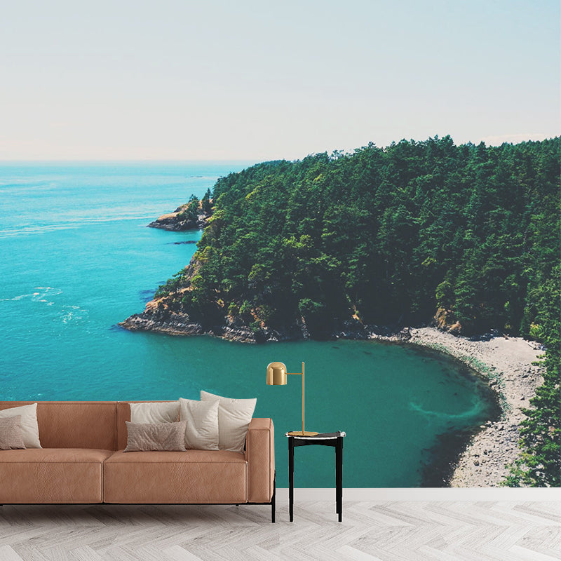 Blue-Green Seascape Wall Mural Forest Bay Modern Stain Resistant Wall Art for Home Clearhalo 'Wall Decor' 'Wall Mural' 1501661