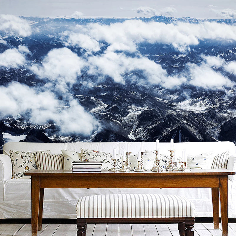 Smooth Large White Mural Modern Cloudy Mountain View from Sky Wall Covering, Custom-Made White Clearhalo 'Wall Decor' 'Wall Mural' 1501684