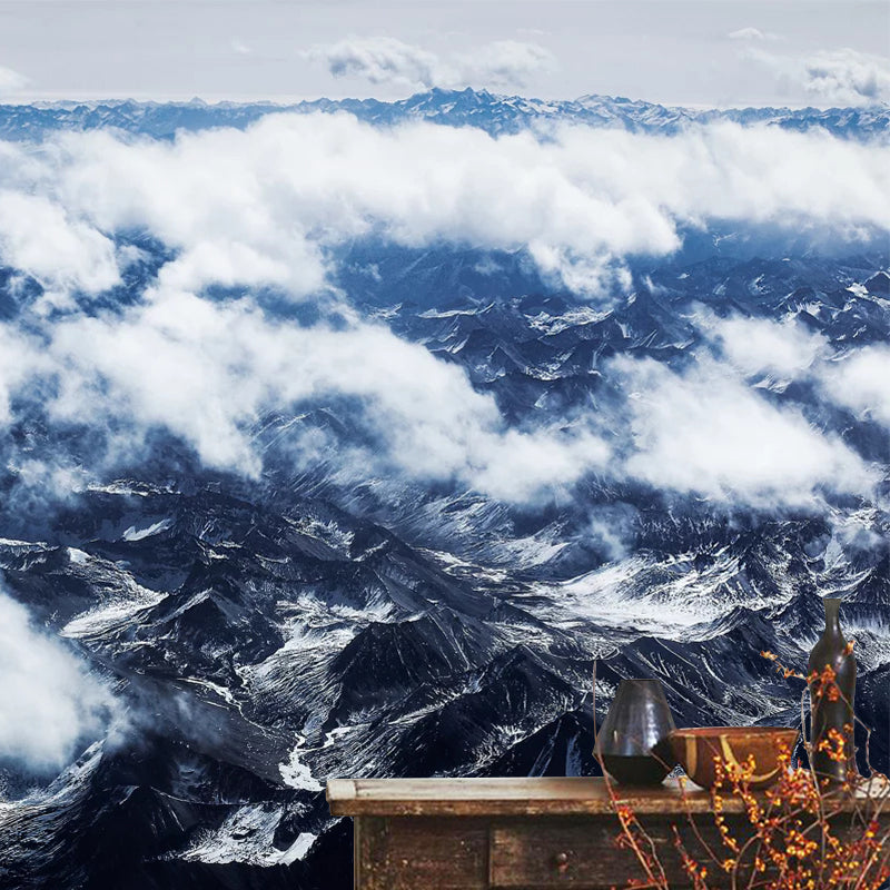 Smooth Large White Mural Modern Cloudy Mountain View from Sky Wall Covering, Custom-Made Clearhalo 'Wall Decor' 'Wall Mural' 1501685