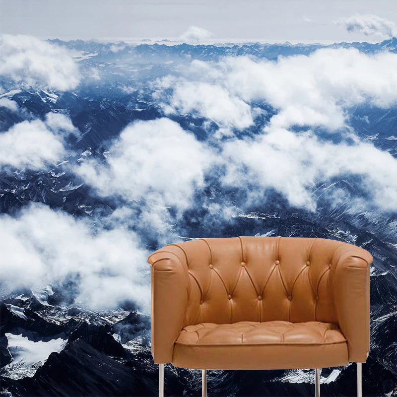 Smooth Large White Mural Modern Cloudy Mountain View from Sky Wall Covering, Custom-Made Clearhalo 'Wall Decor' 'Wall Mural' 1501686