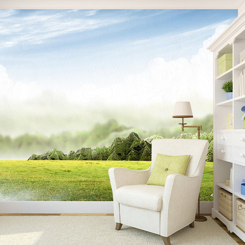 Picturesque Meadow Wall Covering Mural for Bedroom, Green, Customized Size Available Clearhalo 'Wall Decor' 'Wall Mural' 1501690