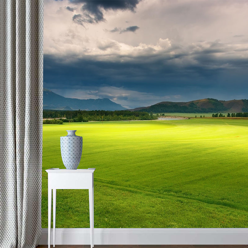 Non-Woven Waterproof Mural Modern Meadow with Moving Cloud Scenery Wall Decor in Green Green Clearhalo 'Wall Decor' 'Wall Mural' 1501699