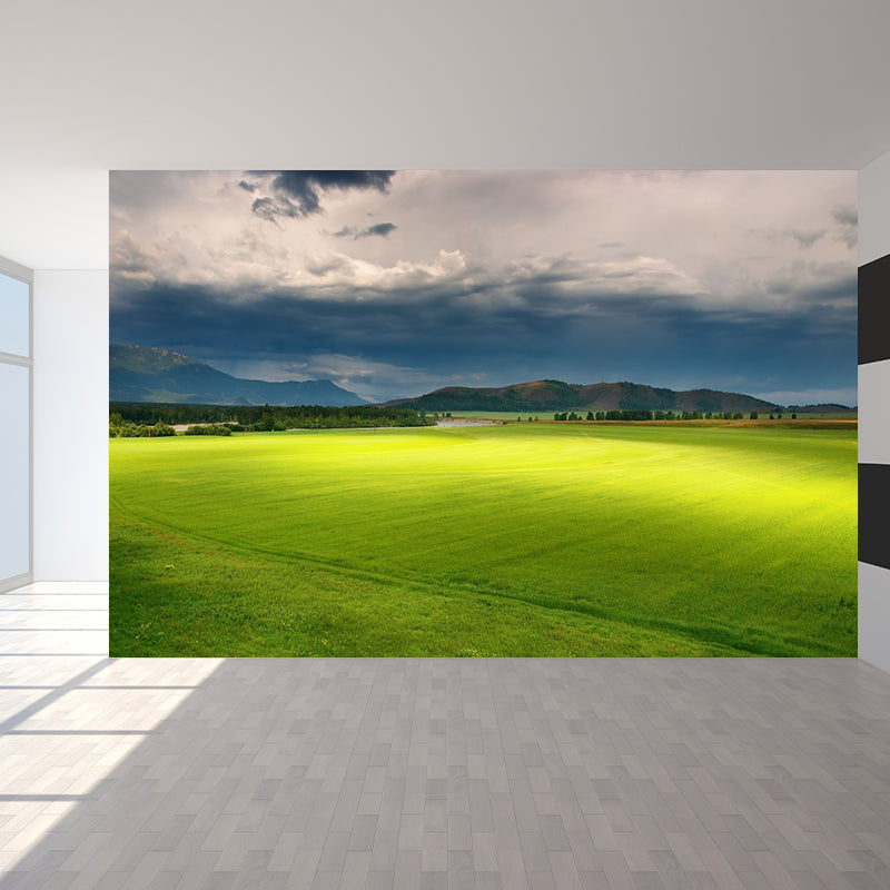 Non-Woven Waterproof Mural Modern Meadow with Moving Cloud Scenery Wall Decor in Green Clearhalo 'Wall Decor' 'Wall Mural' 1501701