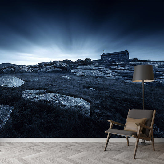 Black Nordic Mural Whole Stone House in Wilds When Sunrise Wall Art for Living Room Black