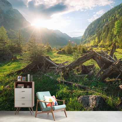 Modern Withered Tree Trunk Mural Green Sunrise Mountain Landscape Wall Art for Living Room Green Clearhalo 'Wall Decor' 'Wall Mural' 1501794