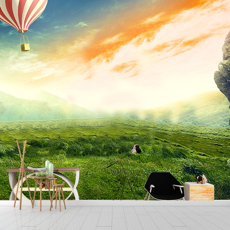 Magic Meadow with Balloon Mural for Kids Bedroom, Green, Customized Size Available Green Clearhalo 'Wall Decor' 'Wall Mural' 1501814