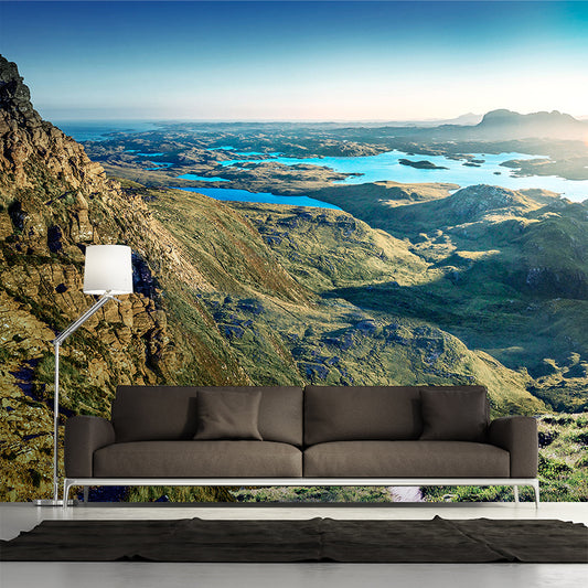 Green Sunshine Scenery Mural Mountain with Puddles Modern Washable Wall Covering Clearhalo 'Wall Decor' 'Wall Mural' 1501845