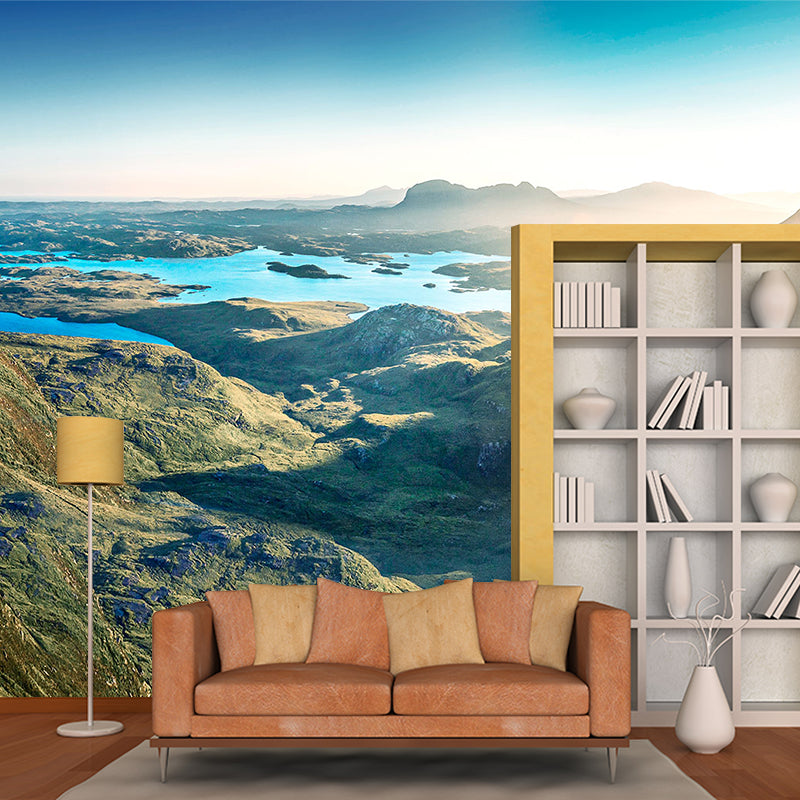 Green Sunshine Scenery Mural Mountain with Puddles Modern Washable Wall Covering Clearhalo 'Wall Decor' 'Wall Mural' 1501846