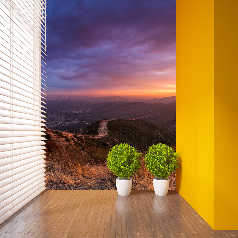 Purple Modernist Wallpaper Mural Big Sunset and Sinuous Road View from Mountain Wall Covering for Home Purple Clearhalo 'Wall Decor' 'Wall Mural' 1501859